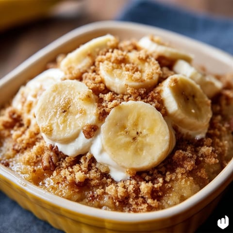 A bowl of banana cobbler with banana slices on top.