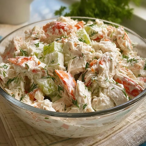A bowl of crab salad with vegetables.