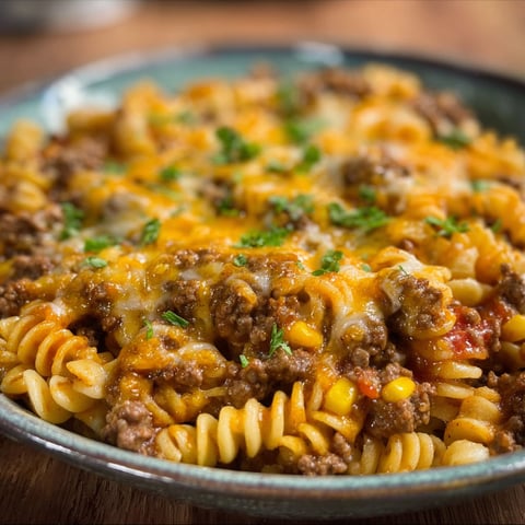A bowl of pasta with meat and cheese.