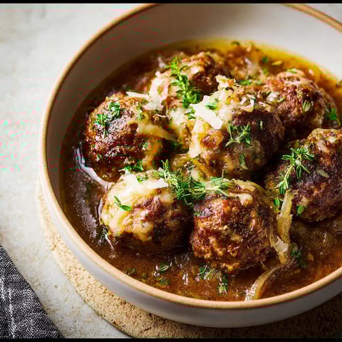 A bowl of meatballs in a brown sauce.