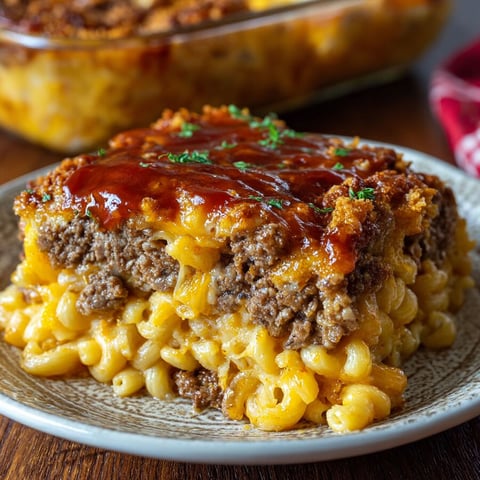 A close up of a delicious mac and cheese meatloaf casserole.