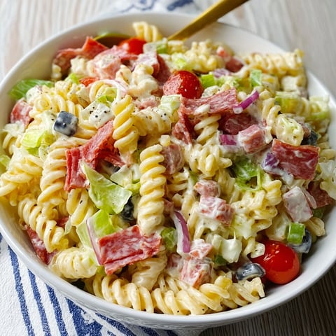 A bowl of pasta salad with tomatoes, onions, and meat.