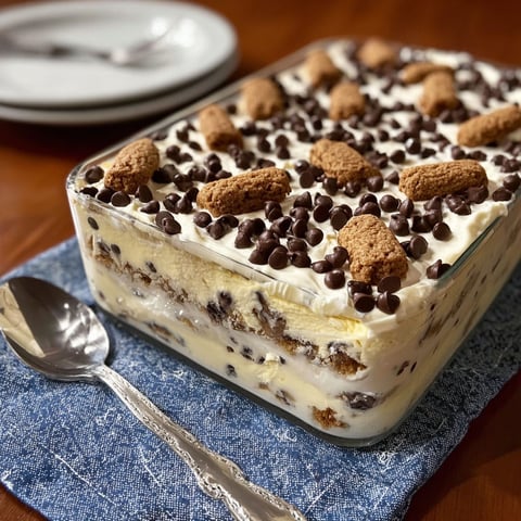 A Chips Ahoy! icebox cake with chocolate chips and a white frosting.