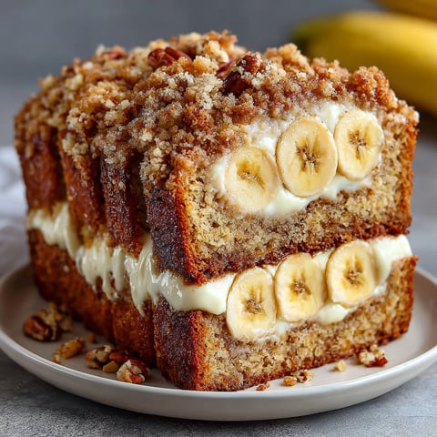 A slice of cake with bananas and cream.