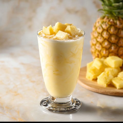 A glass of creamy pineapple coconut drink.