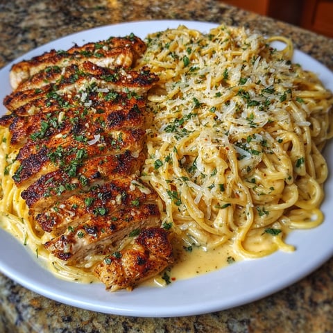 A plate of food with garlic Parmesan chicken and spaghetti in spicy Cajun cream sauce.