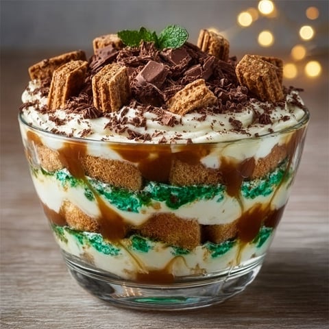 A glass bowl filled with a dessert that includes crisps, chocolate, and mint.