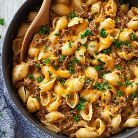 A bowl of beef and shells.