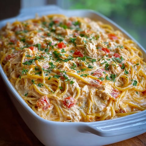 A creamy rotel chicken spaghetti casserole.