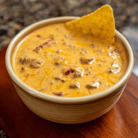 A bowl of queso with a tortilla chip sticking out.