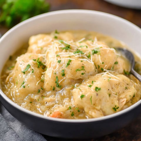A bowl of chicken and dumplings.