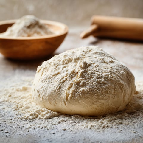 A bowl of flour and a wooden spoon.