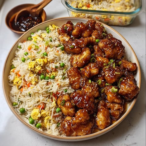 A plate of Chinese food with rice and chicken.