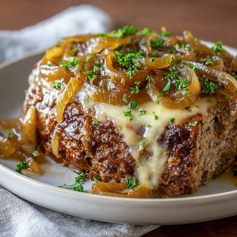 A plate of meatloaf with melted cheese and onions.