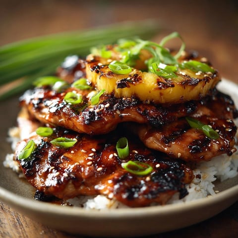A stack of grilled chicken with pineapple and green onions.