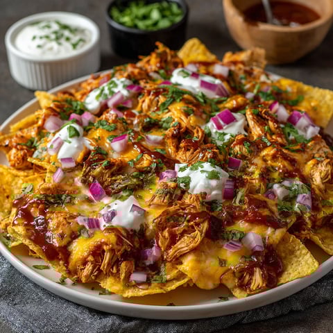 A plate of BBQ chicken nachos.
