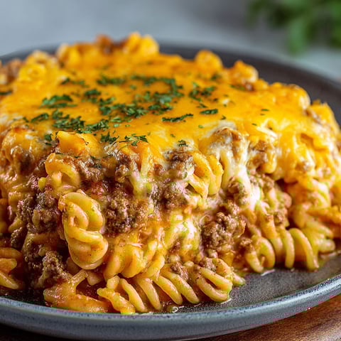 A plate of food with the words "poor man's casserole" written on it.