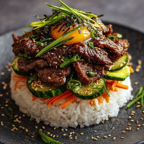 A plate of food with rice, beef, and vegetables.