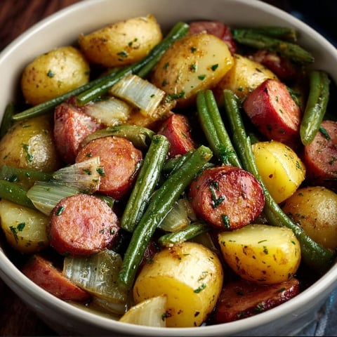 A bowl of food with sausage, potatoes, green beans and onions.