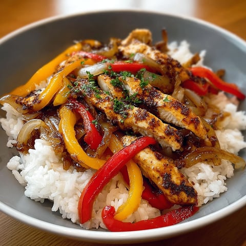 A bowl of rice with chicken and peppers.