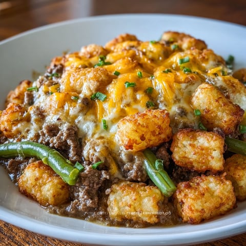 A plate of food with a tater tot hamburger and green bean casserole.