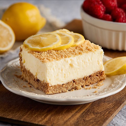 A slice of cheesecake with lemon wedges on top.
