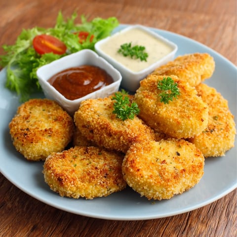 A plate of chicken nuggets with sauce.