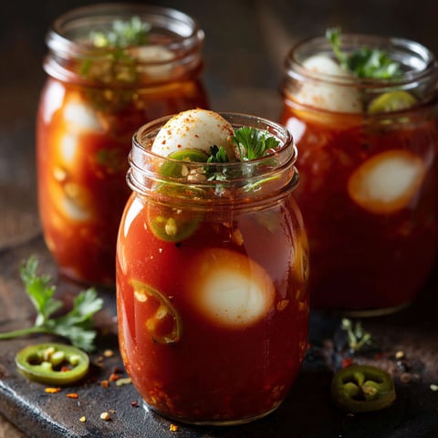 Three jars of Bloody Mary Pickled Eggs.