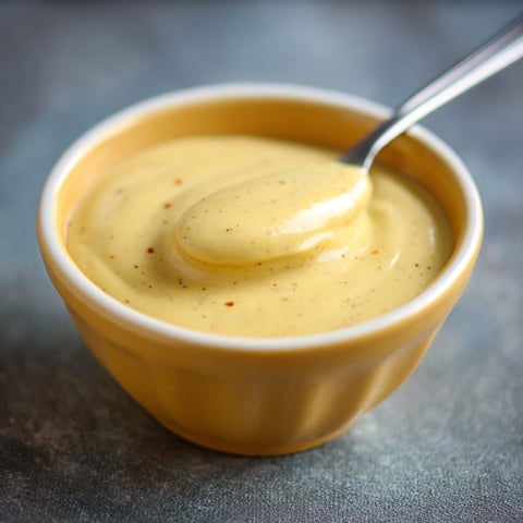 A yellow bowl of honey mustard sauce.