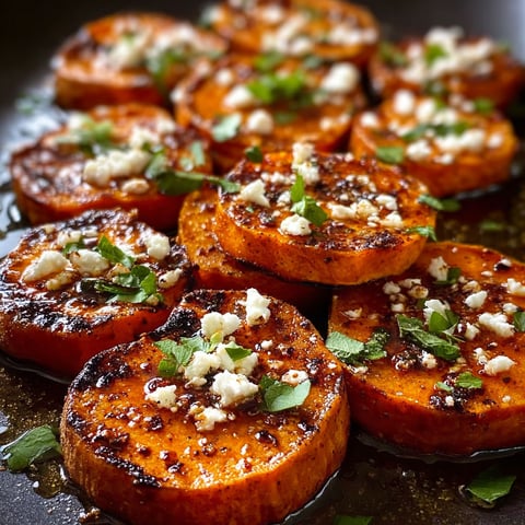 Roasted sweet potato rounds with honey and feta.