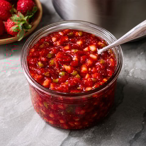 A jar of strawberry jalapeño jam.