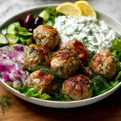 A bowl of food with meatballs, cucumbers, and lemon wedges.