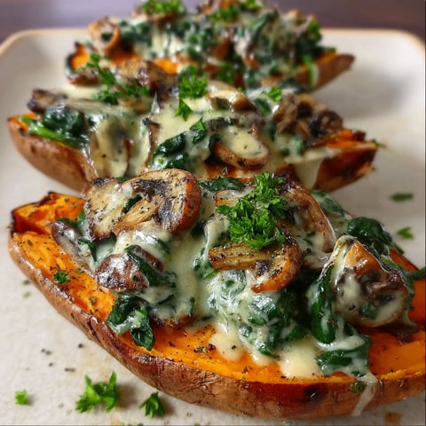 A plate of sweet potato boats with mushrooms and spinach.