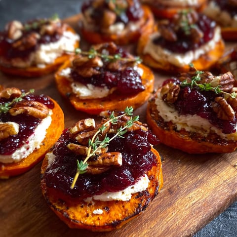 Sweet potato rounds with cranberry and cream cheese.