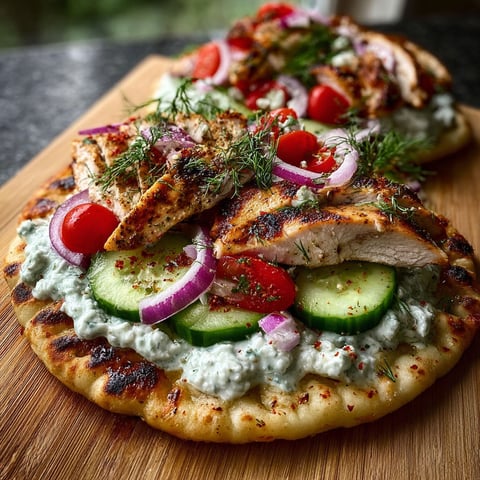 A flatbread with chicken, cucumbers, tomatoes, and red onions.