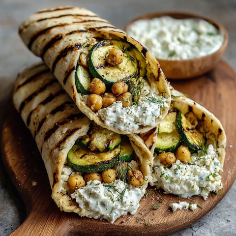 A grilled zucchini and feta chickpea wrap with herbed yogurt.