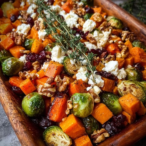 A dish of vegetables with feta cheese, walnuts, and cranberry-honey glaze.