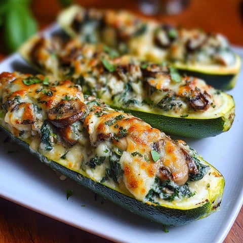 Three stuffed zucchini boats with mushrooms and spinach.