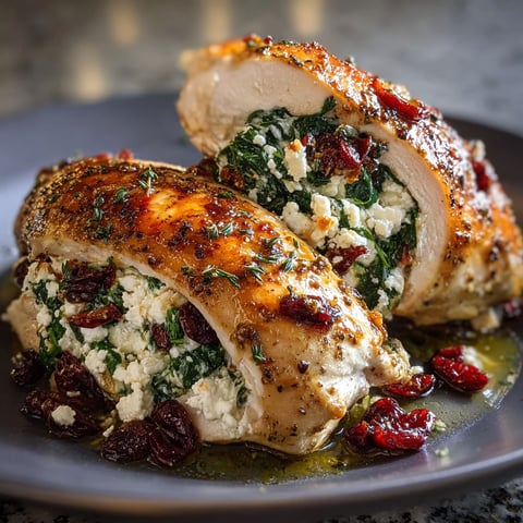 Two stuffed chicken breasts with spinach and goat cheese.